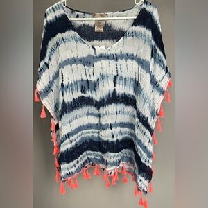 C & T BEACH size MEDIUM Blue Tie Dye with Coral Tassels Beach Swim Cover Up.